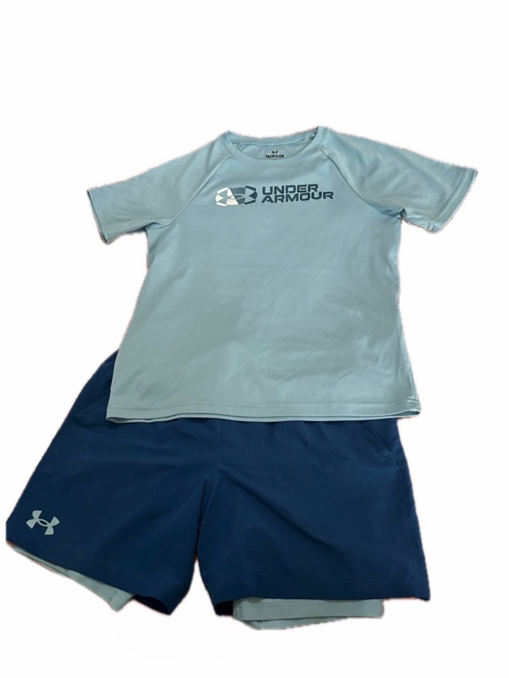 Under Armour Kids Light Blue Rash Guard with Navy Swim Shorts